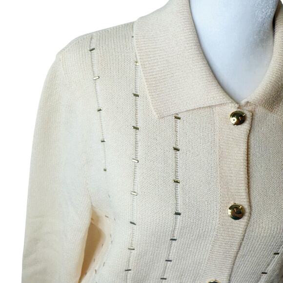 St. John Cream Santana Knit Cardigan Gold Buttons Size Medium Vintage Embellish - Picture 10 of 16